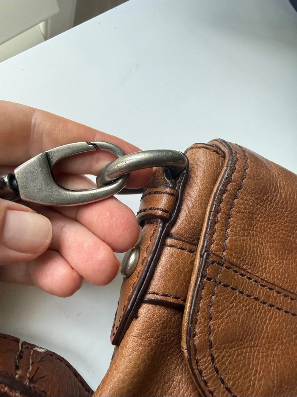 Fossil Tan Leather Messenger Bag with Silver Hardware